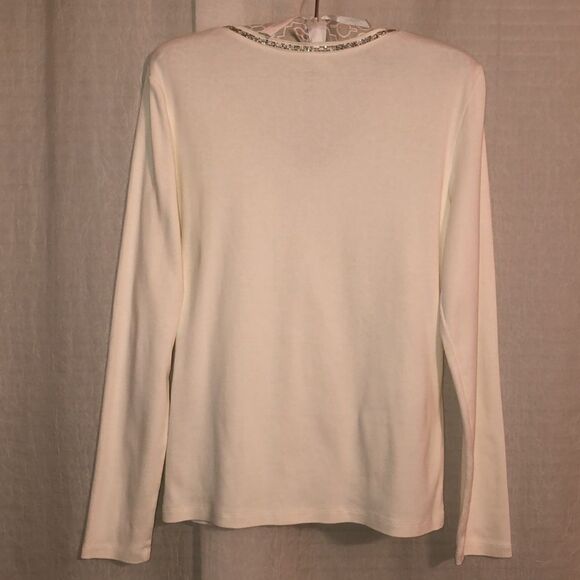 Talbots M Cotton Ivory Pullover Long Sleeve Top Embellished Around V-Neck - Picture 2 of 10